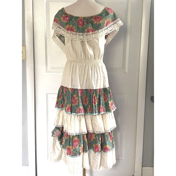 Vintage Young Edwardian by Arpeja Ivory Floral Lace Detail Ruffled Maxi Dress M - Picture 5 of 6